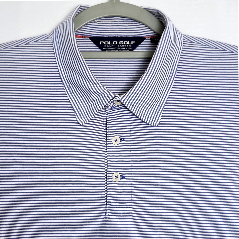 Polo Golf Ralph Lauren Striped Pima Cotton Polo Shirt Mens XL Blue White‎